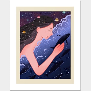 Healing girl space whale Posters and Art